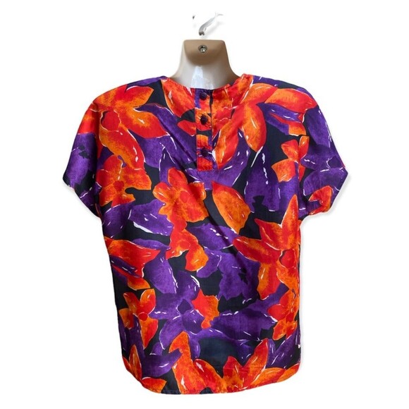 Vtg Schroder 100% Silk Floral Blouse Top Red Purple Orange Black Sz 10 Boho 80s - Picture 3 of 7